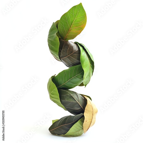 Spiral arrangement of green leaves against a white isolated background.