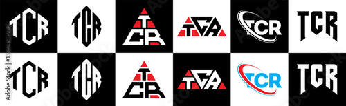 TCR letter logo design in six style. TCR polygon, circle, triangle, hexagon, flat and simple style with black and white color variation letter logo set in one artboard. TCR minimalist and classic logo