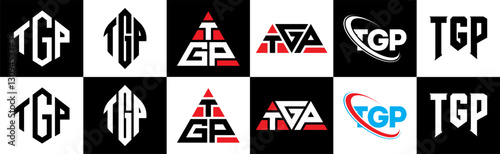TGP letter logo design in six style. TGP polygon, circle, triangle, hexagon, flat and simple style with black and white color variation letter logo set in one artboard. TGP minimalist and classic logo