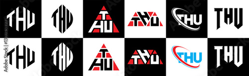 THU letter logo design in six style. THU polygon, circle, triangle, hexagon, flat and simple style with black and white color variation letter logo set in one artboard. THU minimalist and classic logo