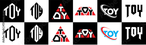 TOY letter logo design in six style. TOY polygon, circle, triangle, hexagon, flat and simple style with black and white color variation letter logo set in one artboard. TOY minimalist and classic logo