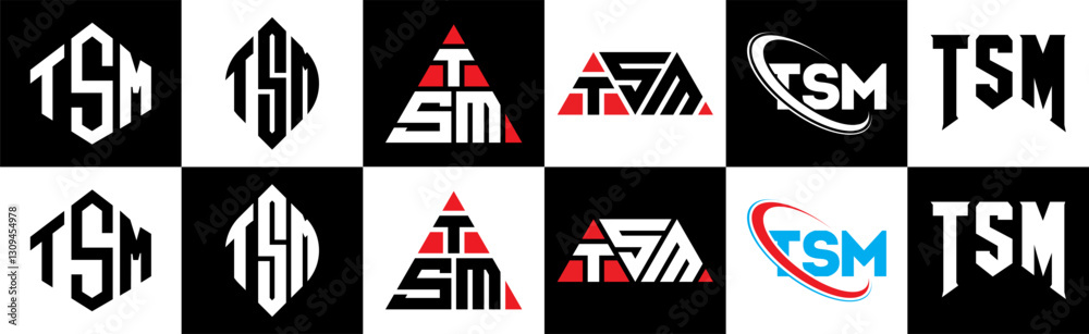 TSM letter logo design in six style. TSM polygon, circle, triangle, hexagon, flat and simple style with black and white color variation letter logo set in one artboard. TSM minimalist and classic logo