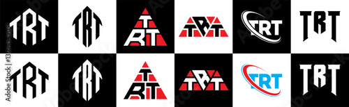 TRT letter logo design in six style. TRT polygon, circle, triangle, hexagon, flat and simple style with black and white color variation letter logo set in one artboard. TRT minimalist and classic logo