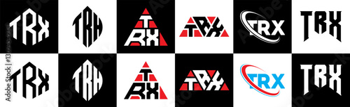 TRX letter logo design in six style. TRX polygon, circle, triangle, hexagon, flat and simple style with black and white color variation letter logo set in one artboard. TRX minimalist and classic logo