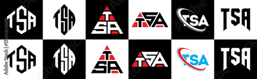 TSA letter logo design in six style. TSA polygon, circle, triangle, hexagon, flat and simple style with black and white color variation letter logo set in one artboard. TSA minimalist and classic logo