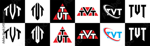 TVT letter logo design in six style. TVT polygon, circle, triangle, hexagon, flat and simple style with black and white color variation letter logo set in one artboard. TVT minimalist and classic logo