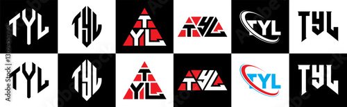 TYL letter logo design in six style. TYL polygon, circle, triangle, hexagon, flat and simple style with black and white color variation letter logo set in one artboard. TYL minimalist and classic logo