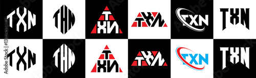 TXN letter logo design in six style. TXN polygon, circle, triangle, hexagon, flat and simple style with black and white color variation letter logo set in one artboard. TXN minimalist and classic logo