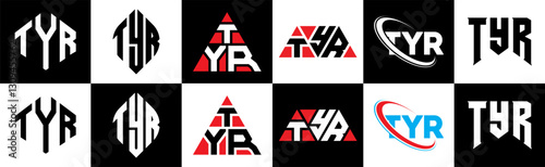 TYR letter logo design in six style. TYR polygon, circle, triangle, hexagon, flat and simple style with black and white color variation letter logo set in one artboard. TYR minimalist and classic logo photo