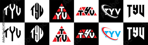TYV letter logo design in six style. TYV polygon, circle, triangle, hexagon, flat and simple style with black and white color variation letter logo set in one artboard. TYV minimalist and classic logo