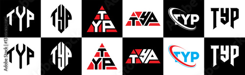 TYP letter logo design in six style. TYP polygon, circle, triangle, hexagon, flat and simple style with black and white color variation letter logo set in one artboard. TYP minimalist and classic logo
