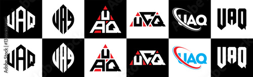 UAQ letter logo design in six style. UAQ polygon, circle, triangle, hexagon, flat and simple style with black and white color variation letter logo set in one artboard. UAQ minimalist and classic logo photo