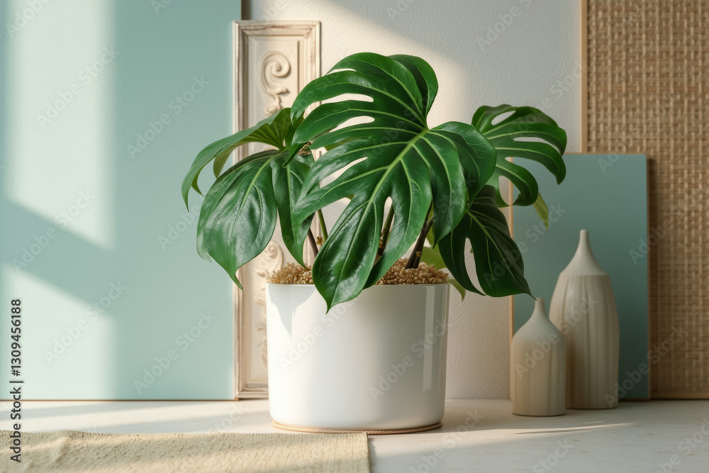 Fototapeta premium vibrant green monstera deliciosa plant in a white pot