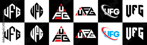 UFG letter logo design in six style. UFG polygon, circle, triangle, hexagon, flat and simple style with black and white color variation letter logo set in one artboard. UFG minimalist and classic logo