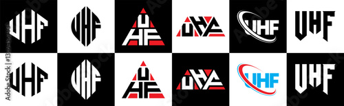 UHF letter logo design in six style. UHF polygon, circle, triangle, hexagon, flat and simple style with black and white color variation letter logo set in one artboard. UHF minimalist and classic logo