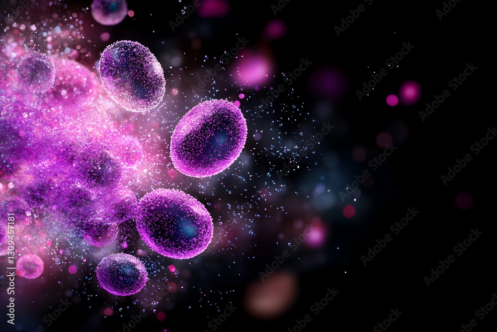 Abstract glowing purple cells, particles, and bokeh on black background.