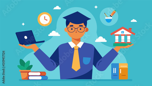 An illustration of a student juggling books a laptop and a parttime job highlighting the financial struggles faced by many university students. Vector illustration