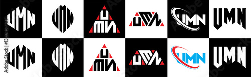 UMN letter logo design in six style. UMN polygon, circle, triangle, hexagon, flat and simple style with black and white color variation letter logo set in one artboard. UMN minimalist and classic logo