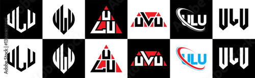 ULU letter logo design in six style. ULU polygon, circle, triangle, hexagon, flat and simple style with black and white color variation letter logo set in one artboard. ULU minimalist and classic logo