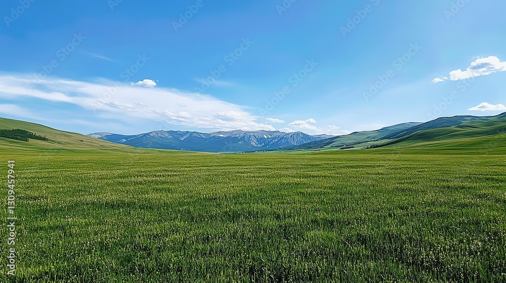 Serene Austrian Landscape with Vibrant Green Meadow and Majestic Mountains Under Clear Blue Sky, Ideal Sunny Summer Day Scenery Serene Austrian Landscape with Vibrant Green Meadow and Majestic Mountains Under Clear Blue Sky, Ideal Sunny Summer Day Scenery