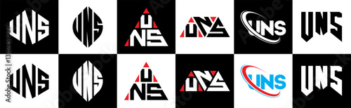 UNS letter logo design in six style. UNS polygon, circle, triangle, hexagon, flat and simple style with black and white color variation letter logo set in one artboard. UNS minimalist and classic logo