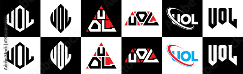 UOL letter logo design in six style. UOL polygon, circle, triangle, hexagon, flat and simple style with black and white color variation letter logo set in one artboard. UOL minimalist and classic logo