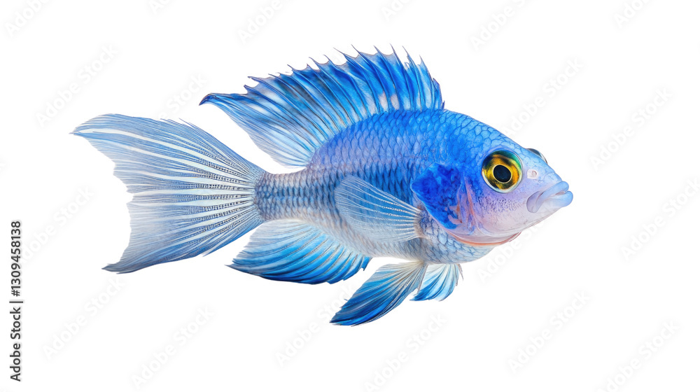 Fototapeta premium A blue fish with a black eye is swimming in a tank