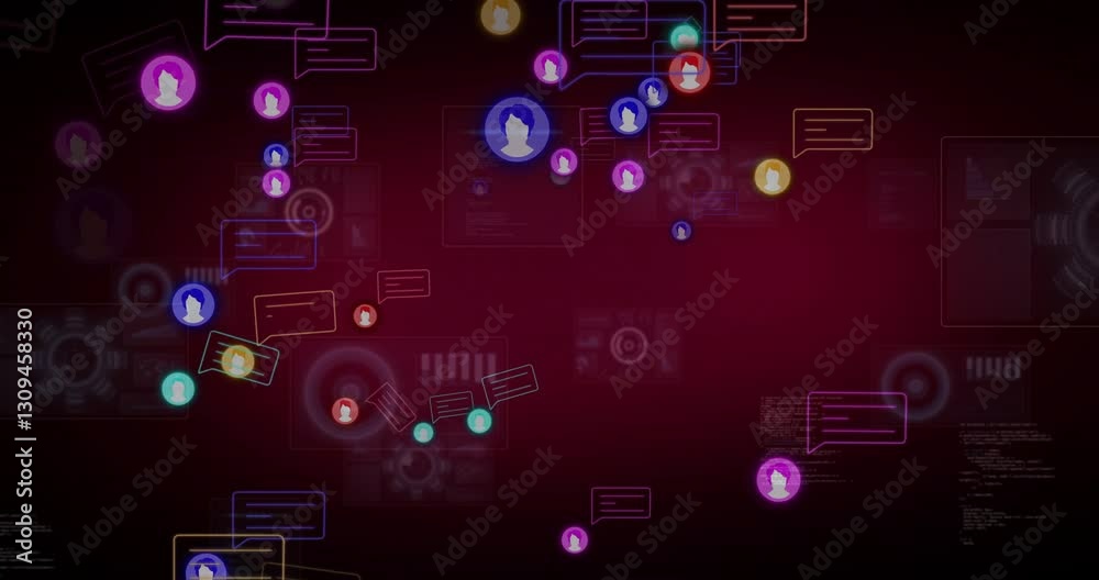 Floating colorful chat bubbles and social media icons over digital interface background