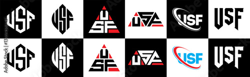 USF letter logo design in six style. USF polygon, circle, triangle, hexagon, flat and simple style with black and white color variation letter logo set in one artboard. USF minimalist and classic logo