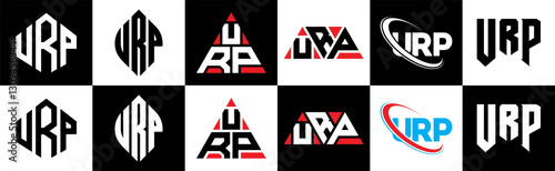 URP letter logo design in six style. URP polygon, circle, triangle, hexagon, flat and simple style with black and white color variation letter logo set in one artboard. URP minimalist and classic logo