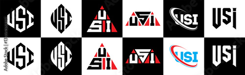 USI letter logo design in six style. USI polygon, circle, triangle, hexagon, flat and simple style with black and white color variation letter logo set in one artboard. USI minimalist and classic logo