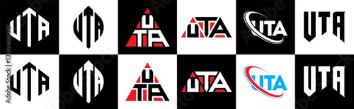 UTA letter logo design in six style. UTA polygon, circle, triangle, hexagon, flat and simple style with black and white color variation letter logo set in one artboard. UTA minimalist and classic logo