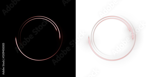 PNG circle with neon line creating a circular frame and round portal. An abstract background featuring a glowing ring with a radiant twirl and smooth curve. Glare vector effect with light astral beam 