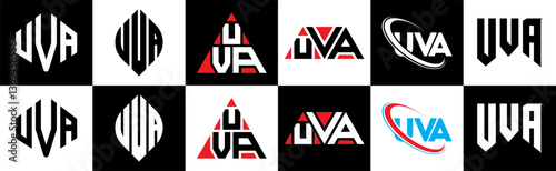 UVA letter logo design in six style. UVA polygon, circle, triangle, hexagon, flat and simple style with black and white color variation letter logo set in one artboard. UVA minimalist and classic logo