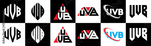 UVB letter logo design in six style. UVB polygon, circle, triangle, hexagon, flat and simple style with black and white color variation letter logo set in one artboard. UVB minimalist and classic logo