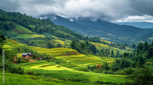 Stunning green rice terraces landscape with mountain view rural scene sky farm asia field hills house