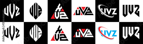 UVZ letter logo design in six style. UVZ polygon, circle, triangle, hexagon, flat and simple style with black and white color variation letter logo set in one artboard. UVZ minimalist and classic logo photo