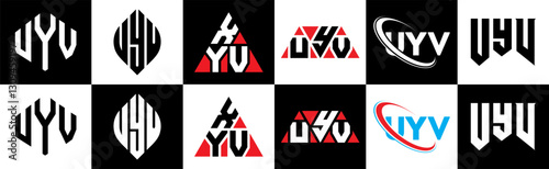 UYV letter logo design in six style. UYV polygon, circle, triangle, hexagon, flat and simple style with black and white color variation letter logo set in one artboard. UYV minimalist and classic logo