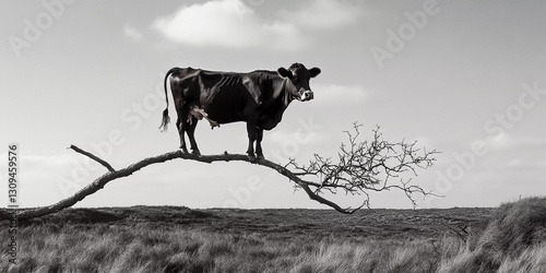 Cow standing on thin branch of withered tree in barren landscape Generative AI