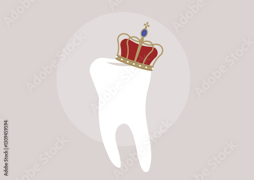 A whimsical representation highlights a tooth adorned with a royal crown, signifying both importance and care within dental health, The soft background enhances this imaginative portrayal