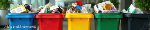 Brightly colored recycling bins overflowing with office waste, bins, recycle symbol