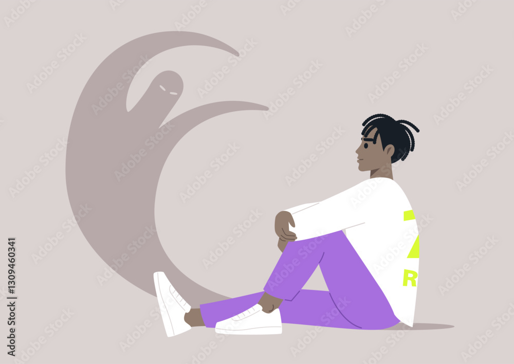 Shadow work illustrated as a character sitting in reflective posture, embracing their uncomfortable emotions against a soft, neutral backdrop, evoking a sense of calm contemplation and self-discovery Shadow work illustrated as a character sitting in reflective posture, embracing their uncomfortable emotions against a soft, neutral backdrop, evoking a sense of calm contemplation and self-discovery