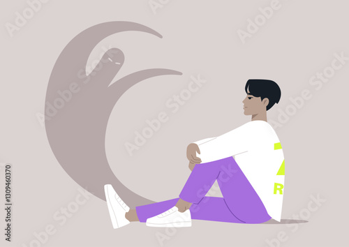 Shadow work illustrated as a character sitting in reflective posture, embracing their uncomfortable emotions against a soft, neutral backdrop, evoking a sense of calm contemplation and self-discovery