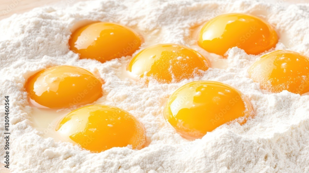 Egg Yolks in Flour: Vibrant egg yolks nestled within a bed of soft, powdery flour, offering a visual of fresh ingredients ready for culinary creation. Egg Yolks in Flour: Vibrant egg yolks nestled within a bed of soft, powdery flour, offering a visual of fresh ingredients ready for culinary creation.