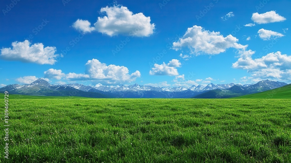 Fototapeta premium Serene Austrian Landscape with Vibrant Green Meadow and Majestic Mountains Under Clear Blue Sky, Ideal Sunny Summer Day Scenery