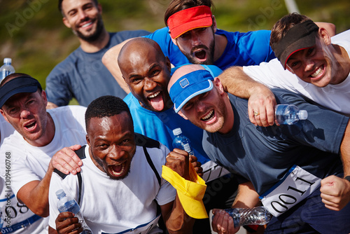 Excited winner, people and sport marathon outdoor with competition energy, race celebration and club pride. Men, group or diversity runner with fitness portrait, sports passion and contest champions