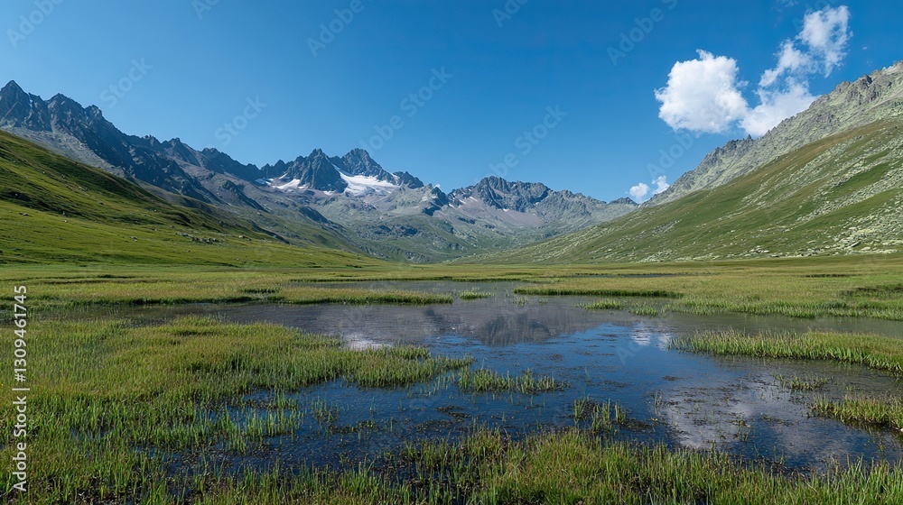 Serene Austrian Landscape with Vibrant Green Meadow and Majestic Mountains Under Clear Blue Sky, Ideal Sunny Summer Day Scenery Serene Austrian Landscape with Vibrant Green Meadow and Majestic Mountains Under Clear Blue Sky, Ideal Sunny Summer Day Scenery