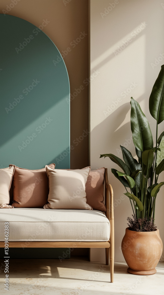 Naklejka premium neutral-toned daybed with bird of paradise plant in pot