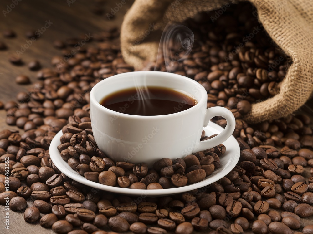A steaming cup of coffee surrounded by fresh coffee beans on a rustic wooden table. A steaming cup of coffee surrounded by fresh coffee beans on a rustic wooden table.