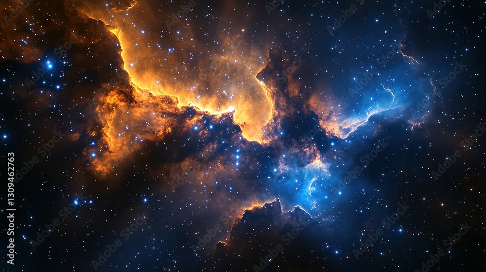 Obraz premium Colorful nebula in deep space, glowing cosmic clouds, stars shining, breathtaking celestial formation, vast universe, blue and orange hues, astronomy